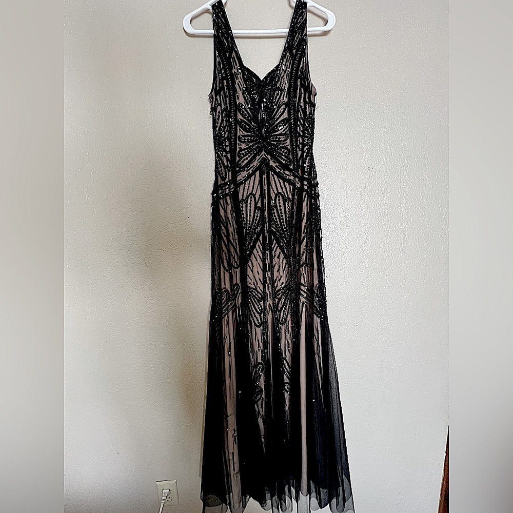Adrianna Papell Black Beaded Sheer Overlay Evening Gown